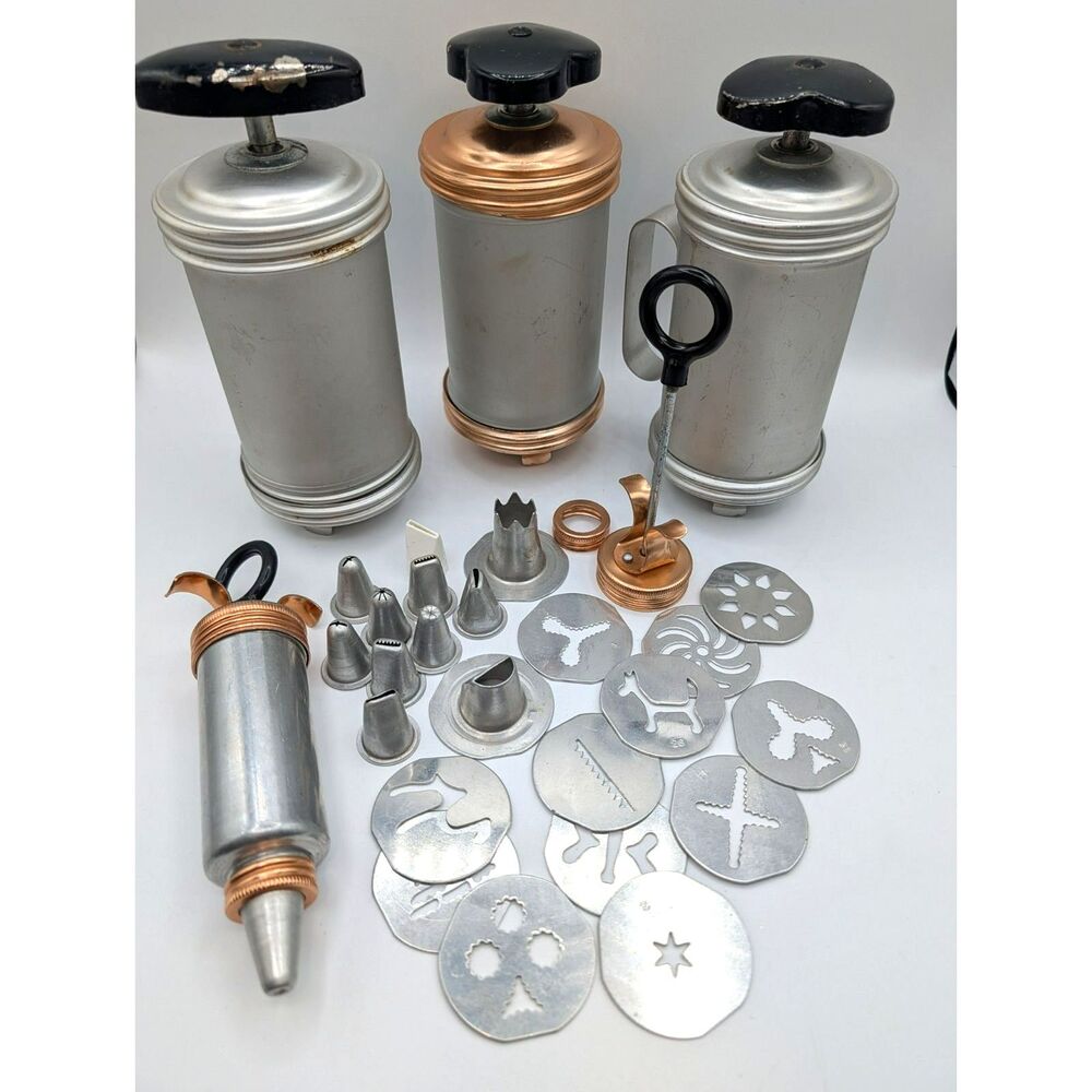 VTG MIRRO Cookie Press Aluminum Lot - 3 Presses / 12 Plates / 12 Tips